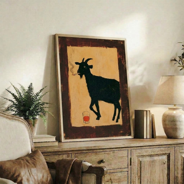Quirky minimalist line art print featuring a worldly goat character with cigarette and whiskey glass in retro pop art style, showcasing cream, rust red, and amber tones on black background.
