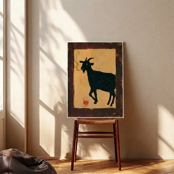 Irreverent geometric goat portrait in vintage pop art style, smoking and enjoying whiskey, executed in minimalist line work with warm cream, rust, and gold accents; framed as wall art.