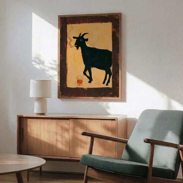 Minimalist retro pop art poster of a sophisticated goat with cigarette and whiskey glass, drawn in geometric lines using a palette of cream, black, rust red, and amber gold.