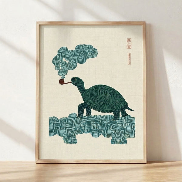 Contemplative sea turtle smoking a long pipe with curling smoke clouds, rendered in a minimalist Japanese woodblock style with teal, cream, and dark green tones.