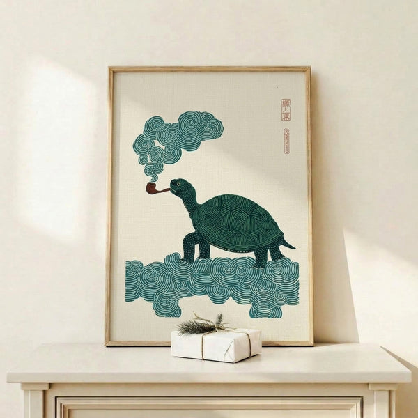 Serene framed art print featuring a whimsical turtle surrounded by stylized smoke and water elements in muted teal and rust brown, inspired by traditional ukiyo-e aesthetics.