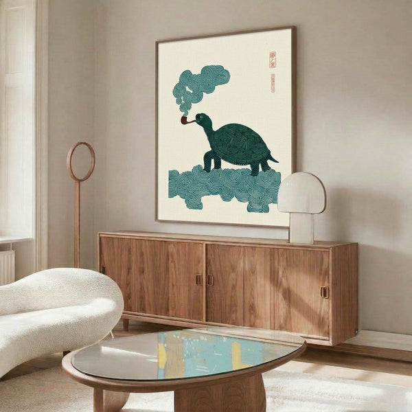 Japandi wall poster depicting a zen turtle with pipe and swirling smoke clouds in soft cream and deep green hues, blending minimalist design with Japanese artistic traditions.