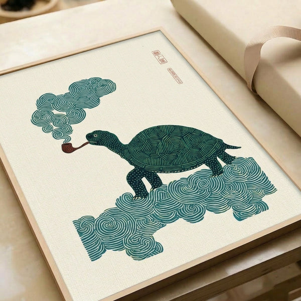 Tranquil framed artwork of a contemplative turtle exhaling pipe smoke among floating clouds, rendered in soothing teal and earthy tones with woodblock-inspired linework.