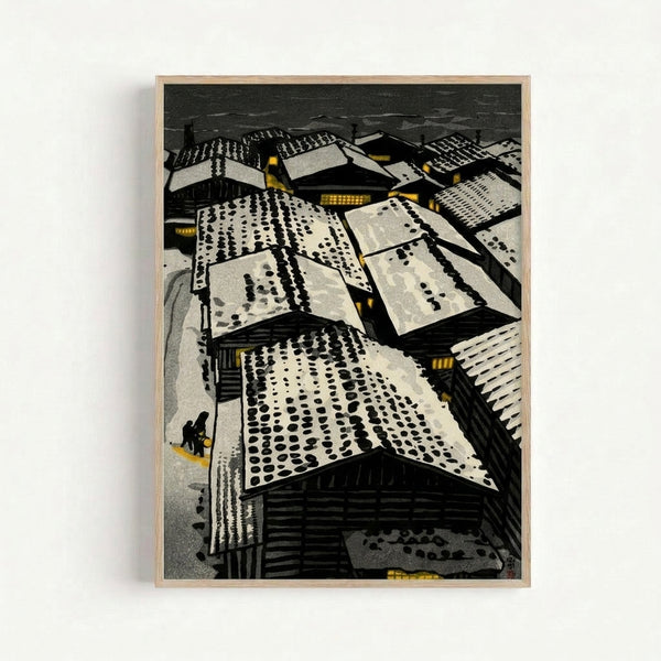 Traditional woodblock art showing a quiet snow-covered village with layered rooftops, warm lantern light, and a solitary figure in grey and black, capturing peaceful wintertime tranquility.