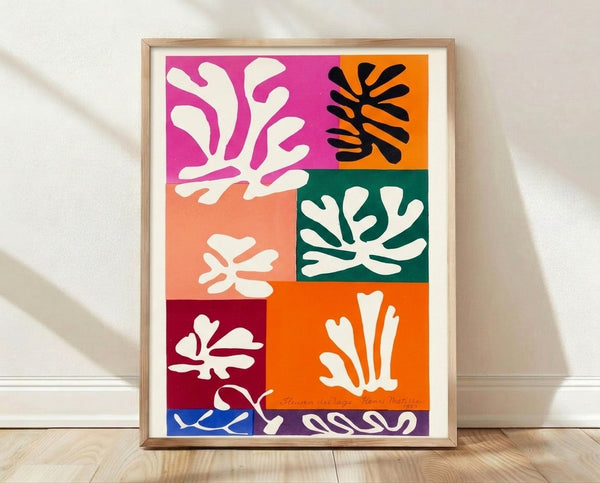 Abstract minimalist framed poster featuring delicate snow flowers in soft whites and muted earth tones, inspired by wabi sabi aesthetics.