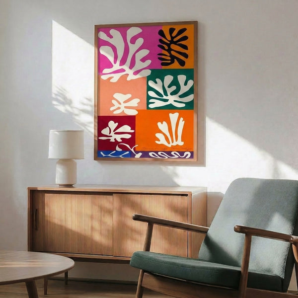 Elegant framed art print of abstract snow flowers rendered in muted, harmonious tones with spare, meditative visual language.