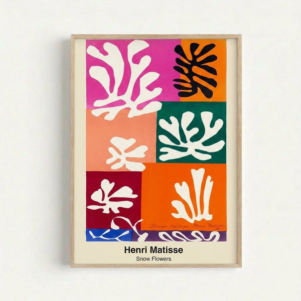 Colorful geometric flower forms in white, red, and blue tones create a joyful, contemporary abstract composition displayed as a framed poster.