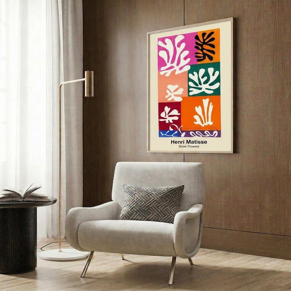 Colorful geometric botanical art with simplified flower shapes in red, blue, yellow, and white, embodying modern minimalist design principles.