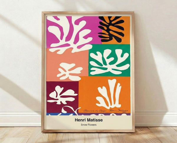 Abstract floral poster featuring vibrant primary-colored cut-out shapes and white blooms in a minimalist style, inspired by Matisse's decorative approach to form.