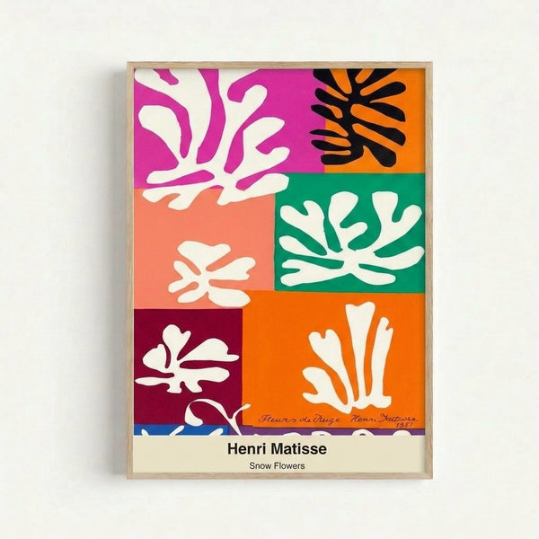 Modern art print with joyful arrangement of colorful geometric flowers and organic shapes in white and bold hues, creating a cheerful decorative wall composition.
