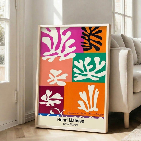 Minimalist floral wall art featuring playful cut-out shapes in contrasting colors and whites, evoking the joyful mood of Matisse's celebrated paper works.