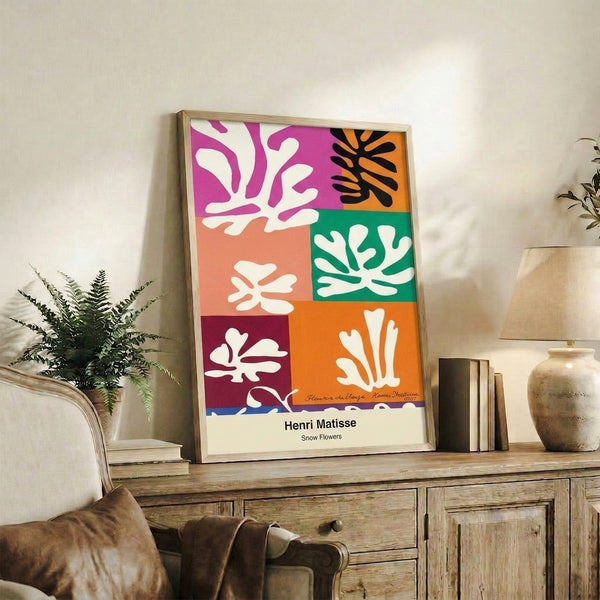 Abstract flower poster with vibrant geometric petals and blooms in primary colors and white tones, showcasing a modern decorative approach to natural forms.