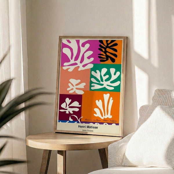Contemporary art print of stylized flowers rendered as colorful cut-out shapes with flowing forms, celebrating the vibrant and joyful spirit of mid-century modern design.