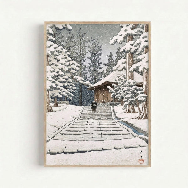 Peaceful winter landscape in traditional Japanese woodblock style showing snow-blanketed temple steps surrounded by bare trees and evergreens, evoking quiet contemplation and serene tranquility.