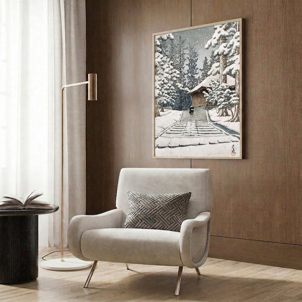 Serene Asian landscape art print in woodblock style depicting a snow-laden temple approach with stone stairs, surrounding forest canopy, and meditative winter atmosphere in soft monochromatic and green tones.