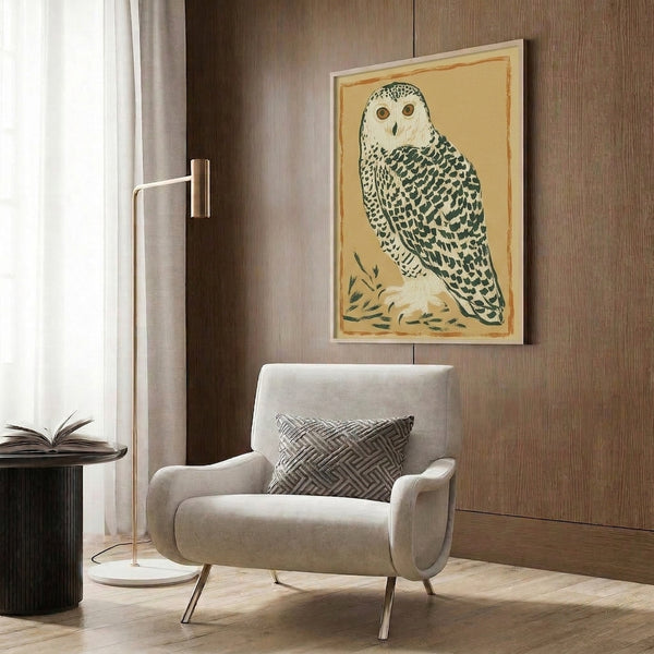 Minimalist snowy owl design featuring burnt orange and amber accents on cream, framed as a vintage-inspired naturalistic wall art print.
