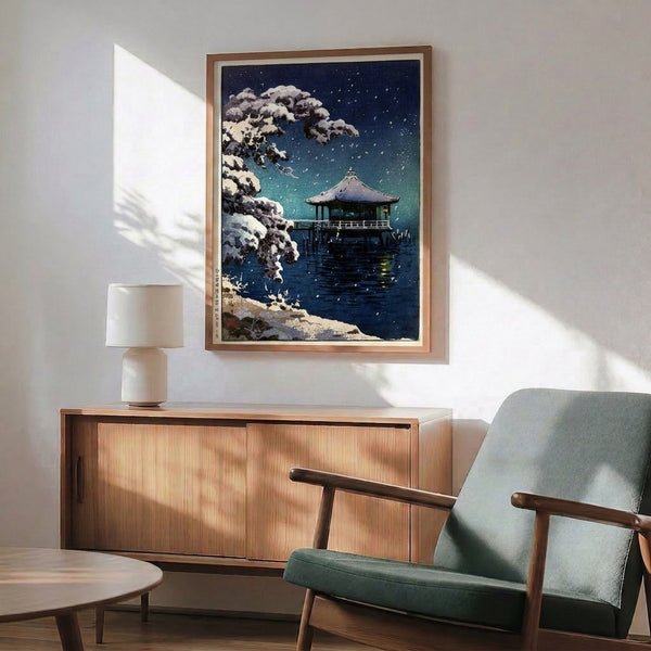 Japanese-inspired wall art showing a contemplative snowy pavilion landscape at night, with elegant brushwork in cream, navy, and dark blue.