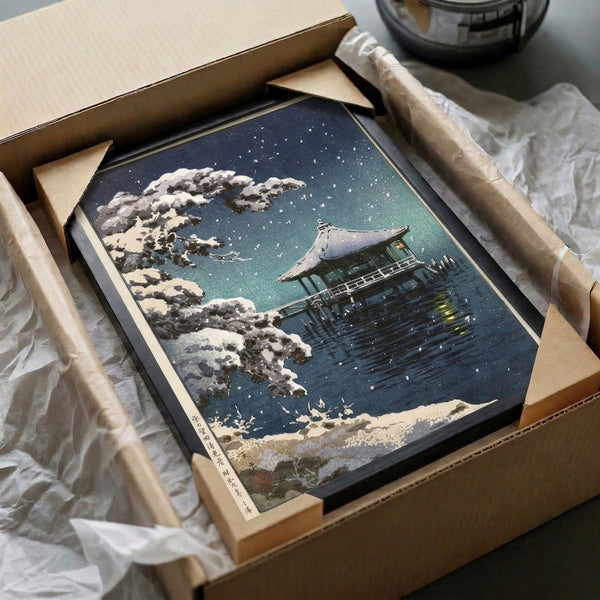 Zen-inspired woodblock poster of a winter pavilion scene with frosted trees, starlit sky, and peaceful water in muted navy and teal palette.