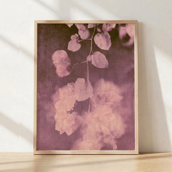 Dusty rose and mauve watercolor bougainvillea flowers with delicate leaves on cream background, framed as a serene botanical wall art print.
