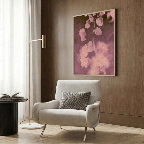 Romantic watercolor floral art featuring dusty rose bougainvillea blooms with dark plum accents, calming botanical design in muted tones on a framed poster.