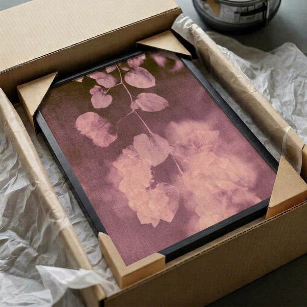 Delicate watercolor study of mauve and cream bougainvillea flowers with graceful branches, serene impressionist botanical wall art print.