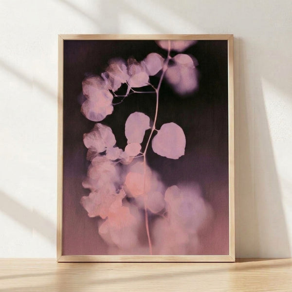 Delicate watercolor eucalyptus leaves in dusty rose and mauve tones on a cream background, framed as a minimalist botanical poster.