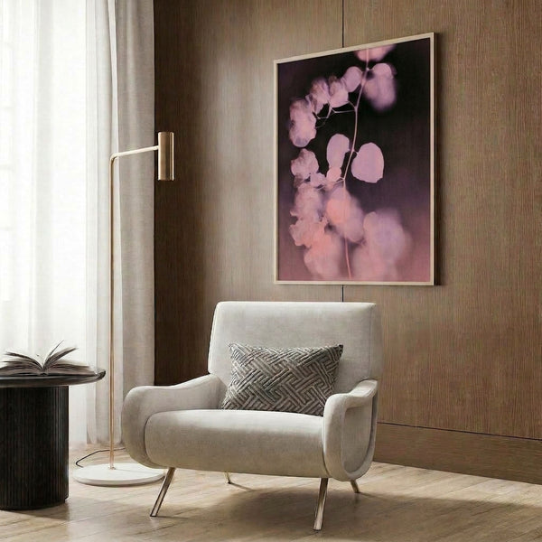 Minimalist watercolor art print featuring pressed eucalyptus leaves in muted rose and taupe hues, creating a peaceful nature-inspired composition.