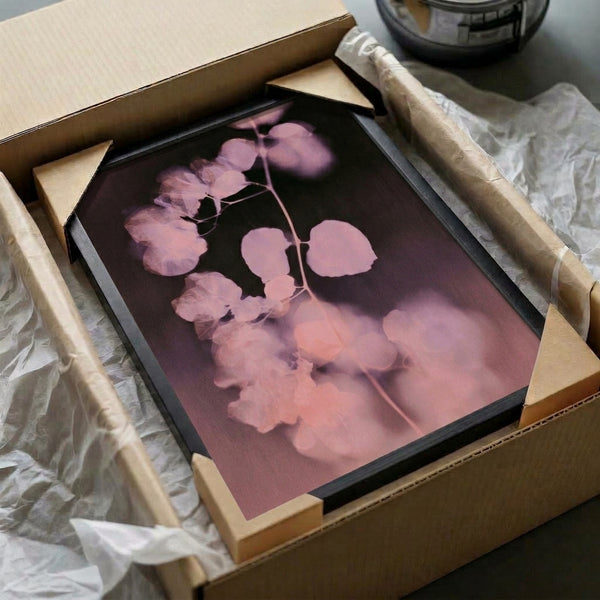 Ethereal botanical watercolor poster with charcoal stems and delicate leaves in dusty rose and cream, evoking a serene, modern aesthetic.