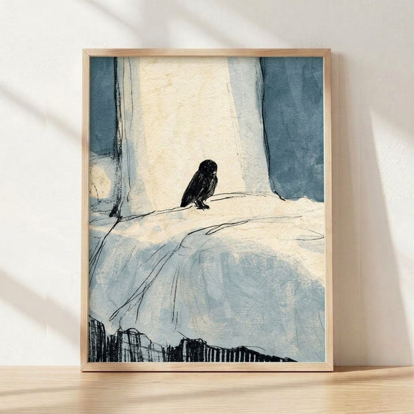 Minimalist line art watercolor poster of a small owl perched on a snowy ledge overlooking a canyon landscape in cream, slate blue, and soft gray tones.