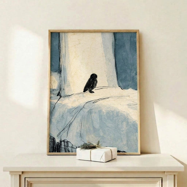 Serene watercolor and line art print featuring a contemplative owl sitting alone on a rocky outcrop with muted earth tones and pale yellow accents.