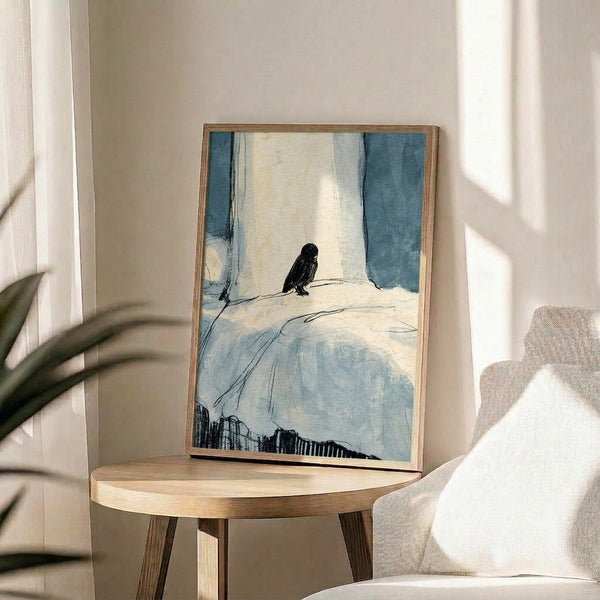 Framed watercolor poster with minimalist line drawing of an owl on a snowy ledge, canyon rock formations in background, palette of cream and slate blue.