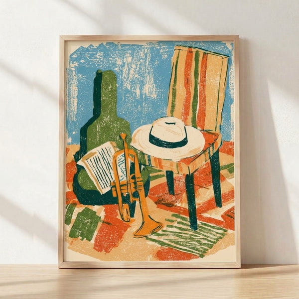 Retro western still life poster featuring a cactus, guitar, chair, and hat in warm burnt orange, turquoise, and sage green tones, evoking nostalgic desert wanderlust and bohemian charm.