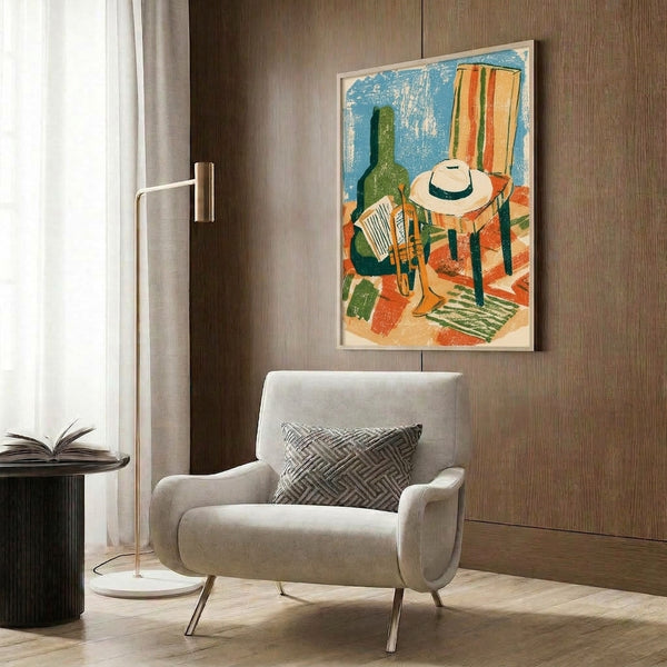 Warm bohemian wall art print with a western aesthetic showing a saguaro cactus, blanket-draped chair, guitar, and hat rendered in earthy burnt orange and turquoise hues.