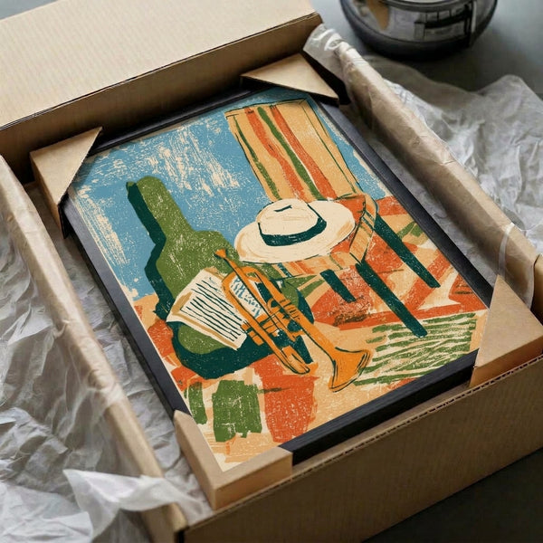 Nostalgic desert-themed poster print in retro style featuring a cactus, guitar, rustic chair, and hat arranged in muted sage green, turquoise, orange, and cream tones.