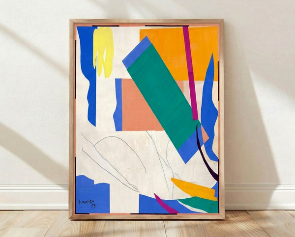 Abstract cutout poster in vibrant blues, greens, and warm tones depicting organic tropical forms inspired by Oceania, framed on a wall.