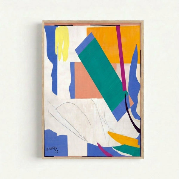 Matisse-style paper cutout art print featuring bold, colorful shapes in shades of blue and coral suggesting island landscapes and ocean life.