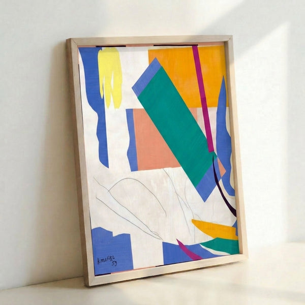 Framed modern art poster with dynamic abstract cutouts in vivid tropical colors evoking the spirit and light of Oceania.