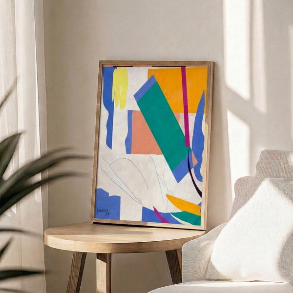 Vibrant abstract poster featuring interlocking cutout shapes in ocean blues and warm accent colors, evoking island memories and seascapes.