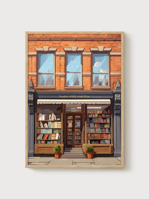 Bookstore Library Wall Art poster in oak frame