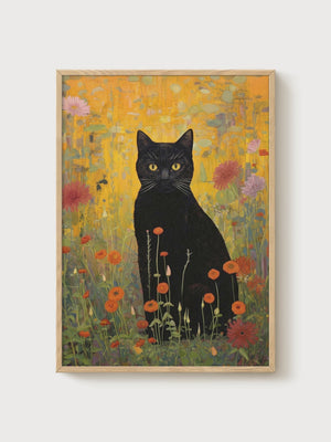 Black Cat Art Print poster in oak frame