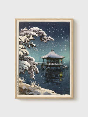 Hiroshige Snowy Night Woodblock Print poster in oak frame
