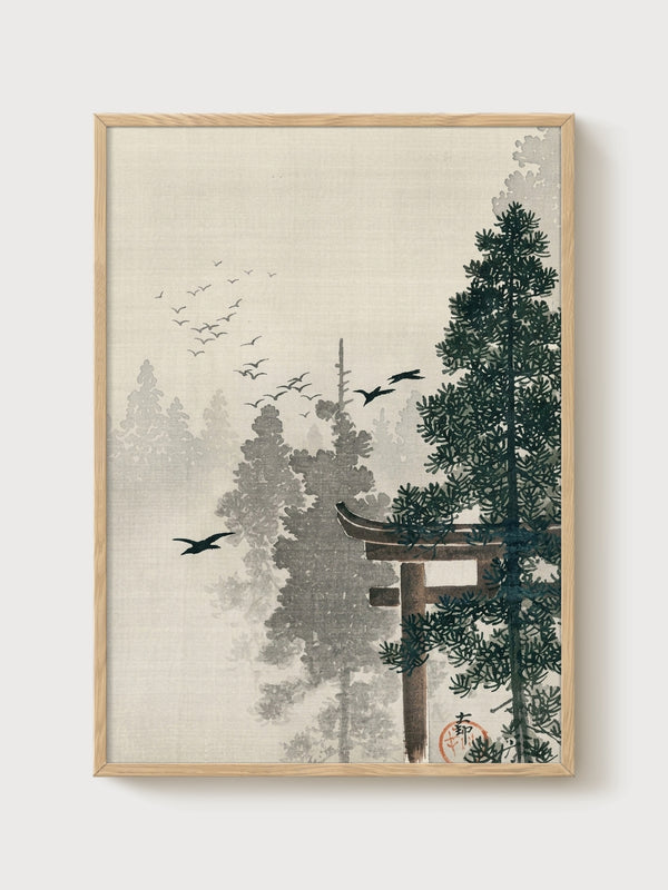 Torii Gate Crane Print poster in oak frame