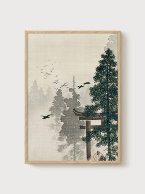 Torii Gate Crane Print poster in oak frame