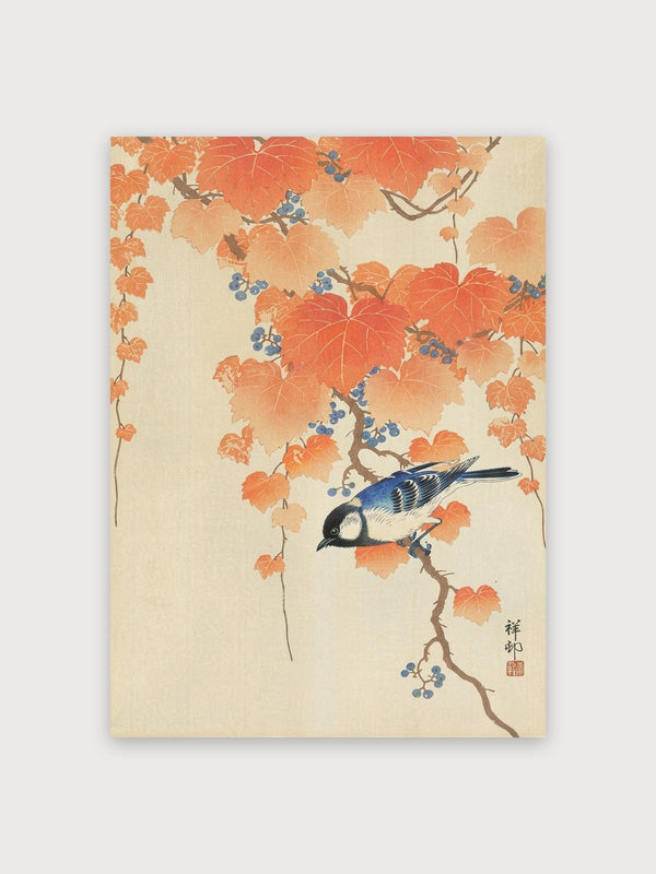 Blue Jay Autumn Leaves Japanese Print - Digital Download