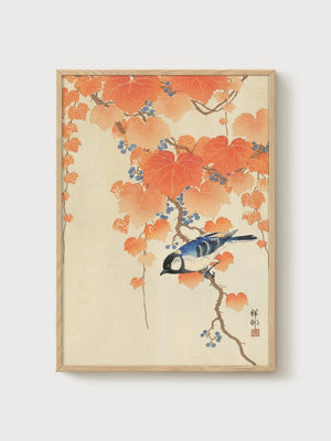 Ito Jakuchu Jay Bird Print poster in oak frame