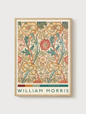 William Morris Pink and Rose Print poster in oak frame