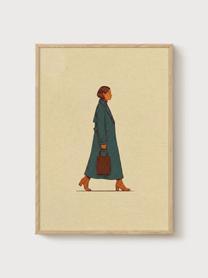 Woman in Teal Coat Line Art Print poster in oak frame