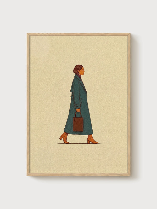 Woman in Teal Coat Line Art Print poster in oak frame