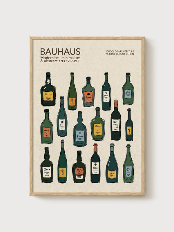 Bauhaus Wine Bottles Print poster in oak frame