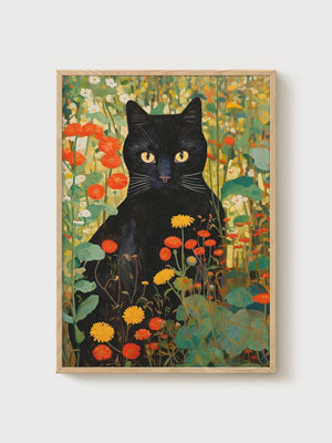 Black Cat Art Print poster in oak frame